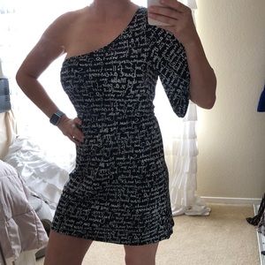 Black and white graffiti jersey one shoulder dress